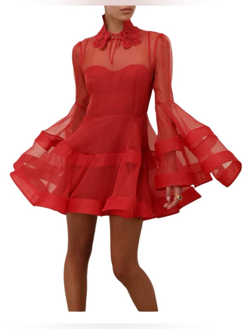 Designer-style Sheer Lantern Chiffon Red Bell-Sleeve Mini Dress